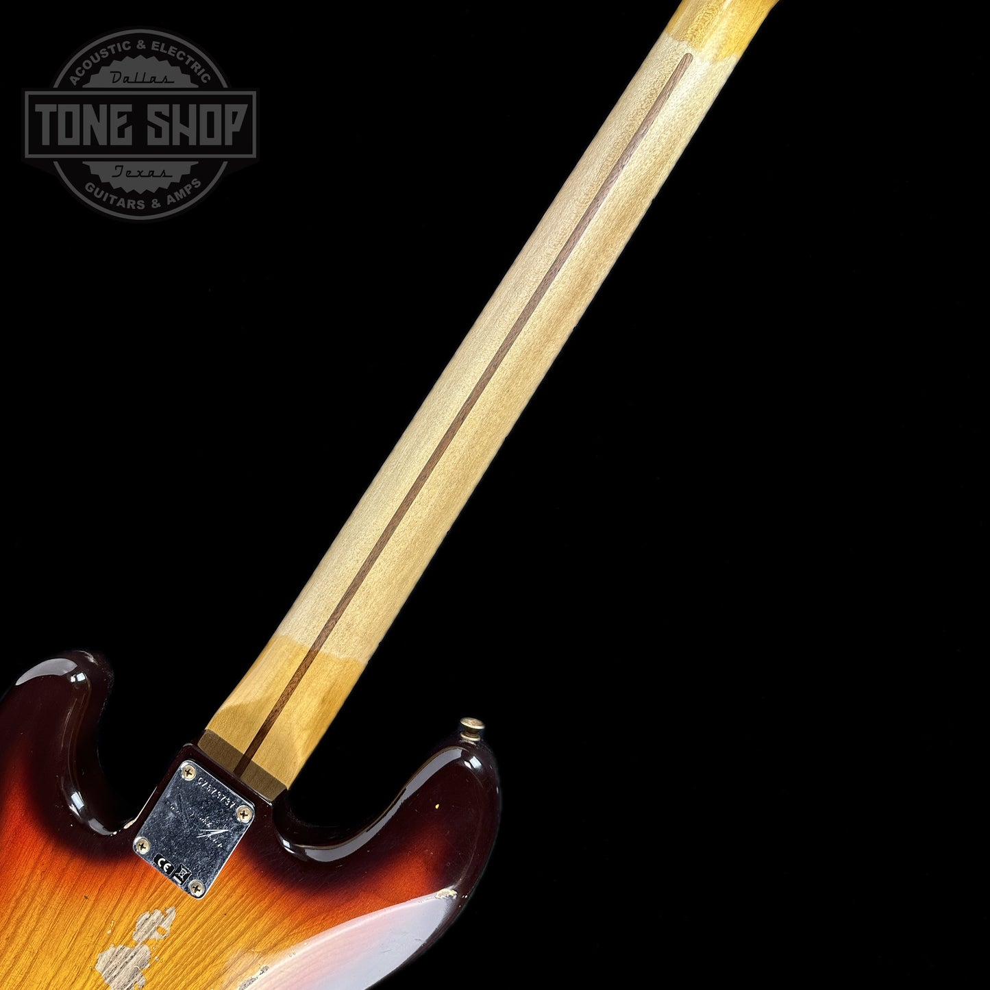 Back of neck of Fender Custom Shop Time Machine '58 Precision Bass Relic Super Faded Aged Chocolate 3 Color Sunburst.