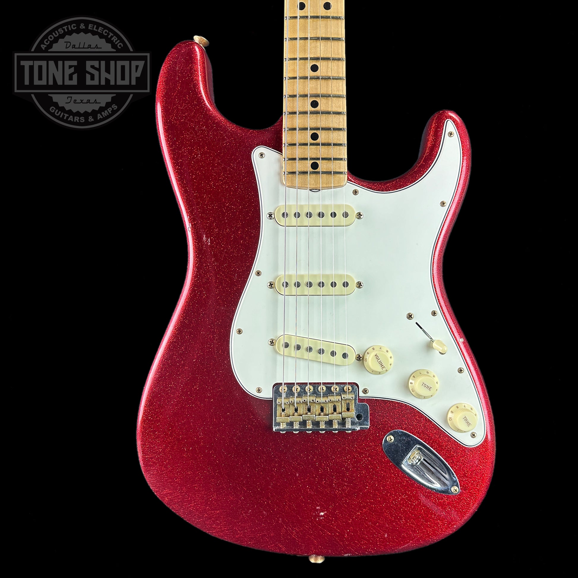 Front of Fender Custom Shop Limited Edition 69 Strat Journeyman Relic Aged Red Sparkle.