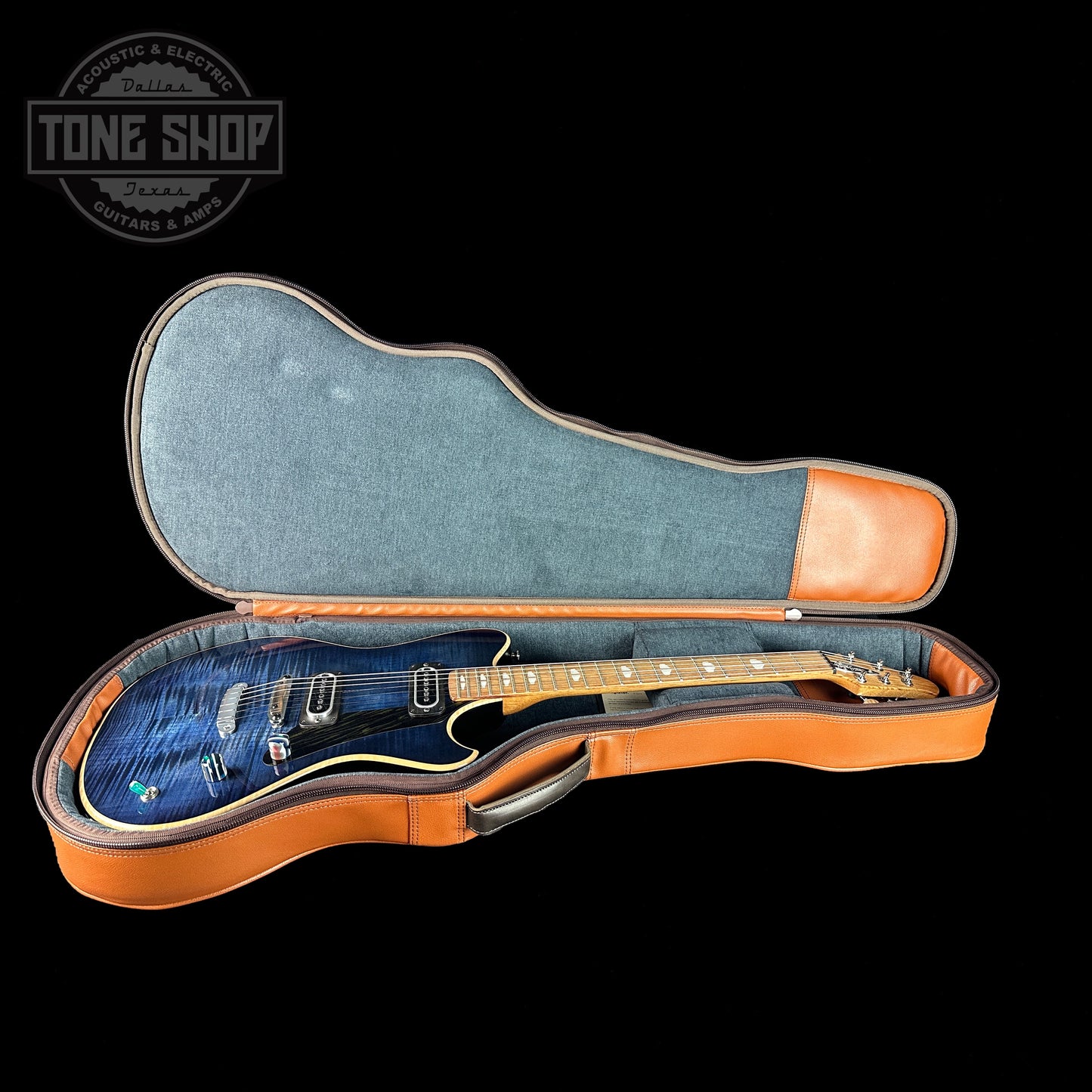 Powers Electric A-Type Select Maple Twilight Blue PF42 Firestripe Ebony Cool in bag.