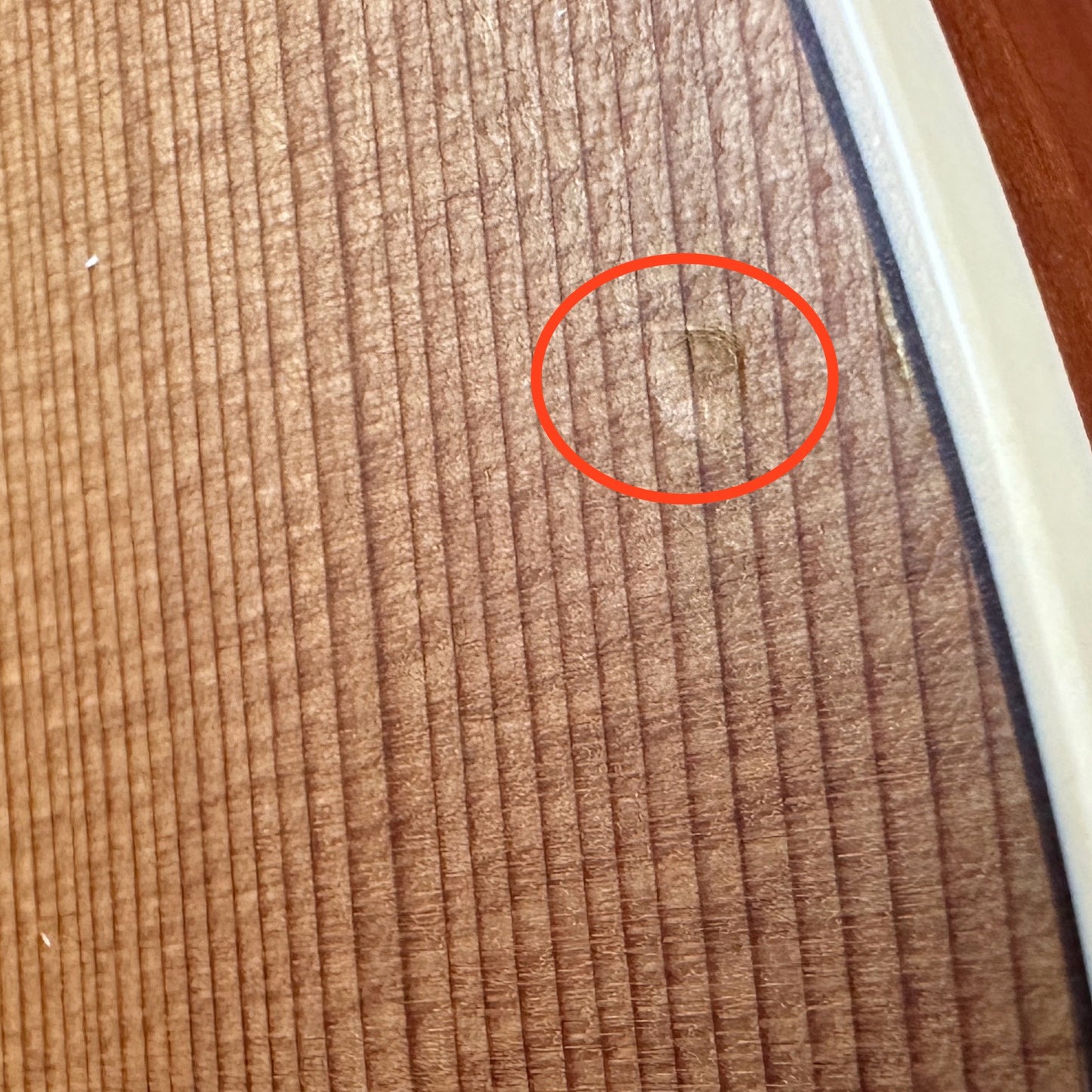 Small dent near edge of Used Seagull S6+CW Natural.