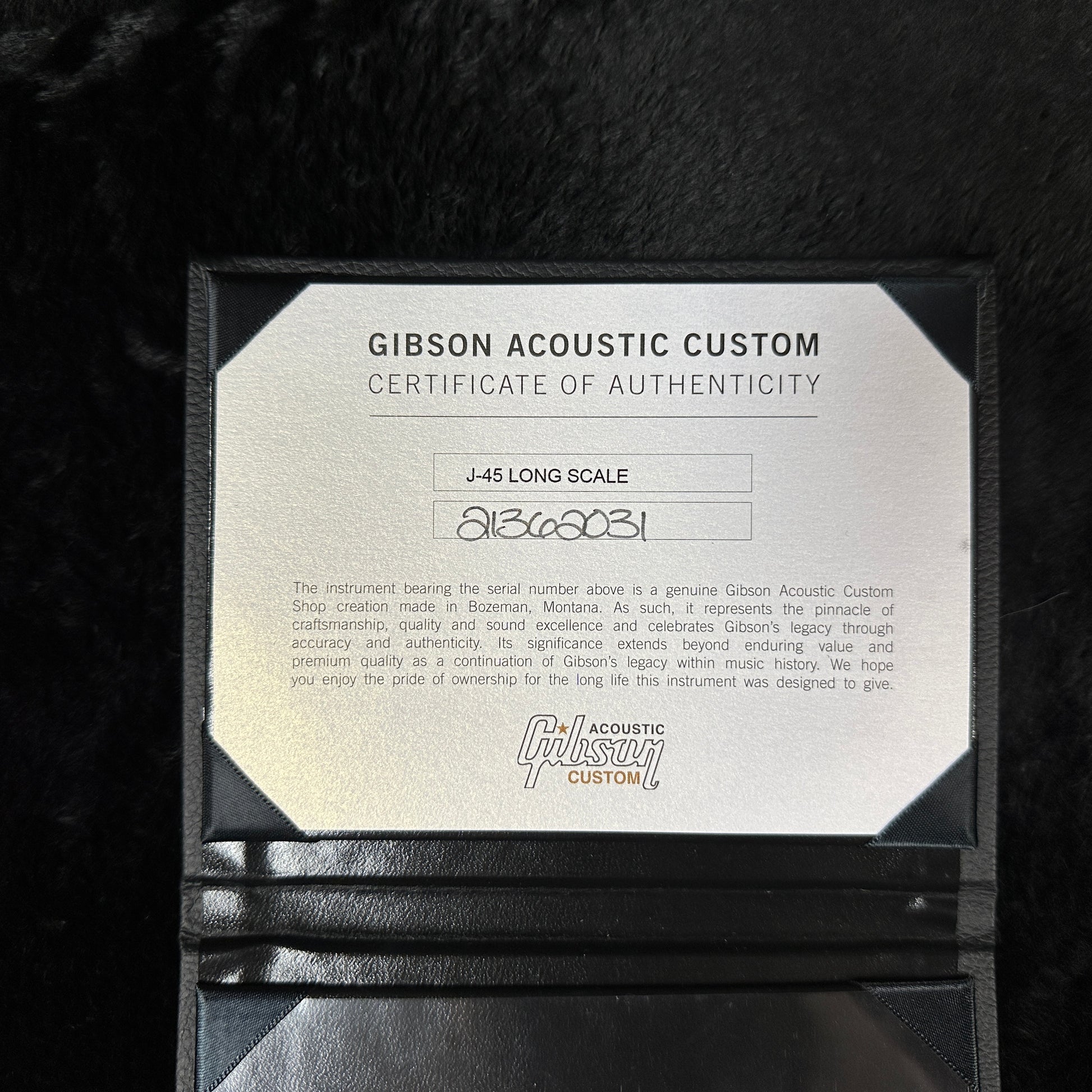 Certificate of authenticity for Used Gibson Custom Shop M2M J-45 Long Scale Ebony.