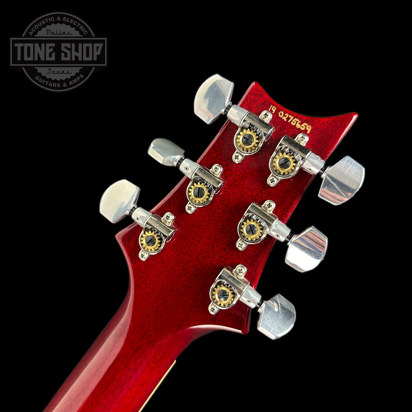 Back of headstock of Used 2019 PRS McCarty 594 Scarlet.