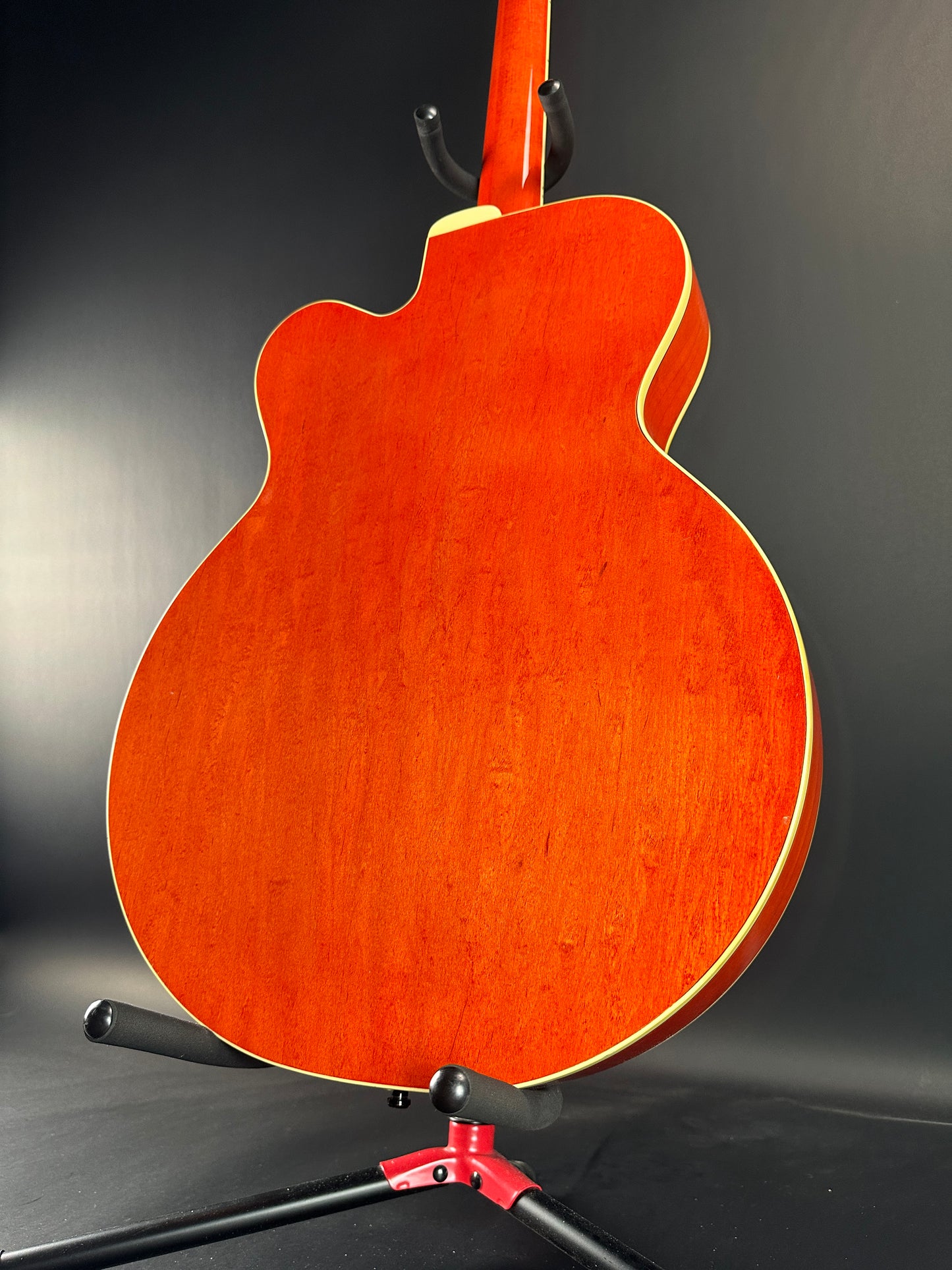 Back angle of Used 1991 Gretsch G6119B Broadcaster Bass Orange.