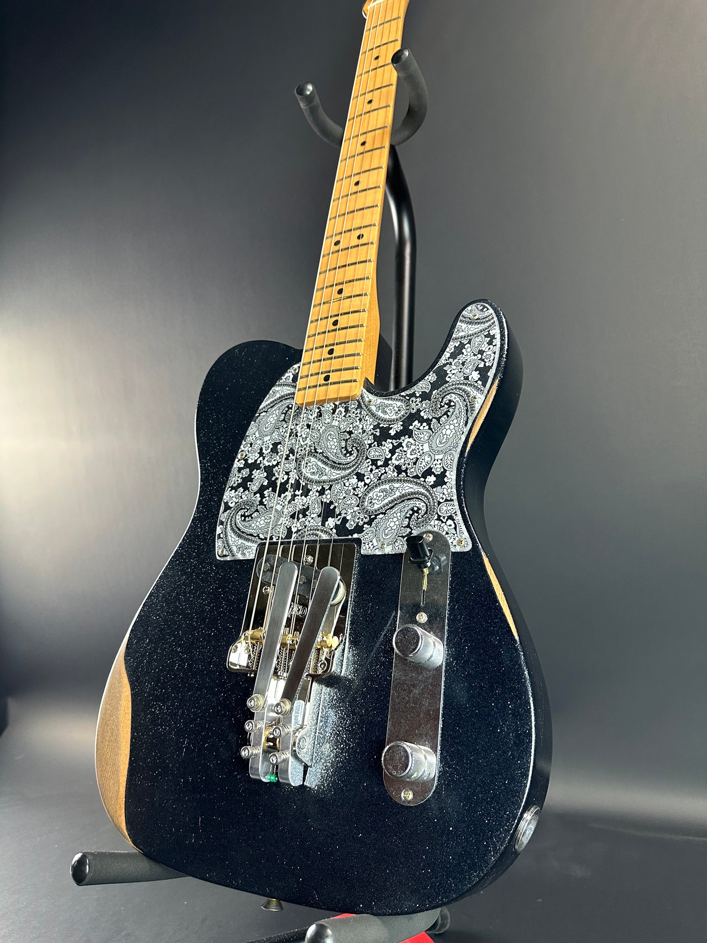 Front angle of Used Fender Brad Paisley Esquire Tele Black Sparkle w/Centano T-Bender B&G Bender.