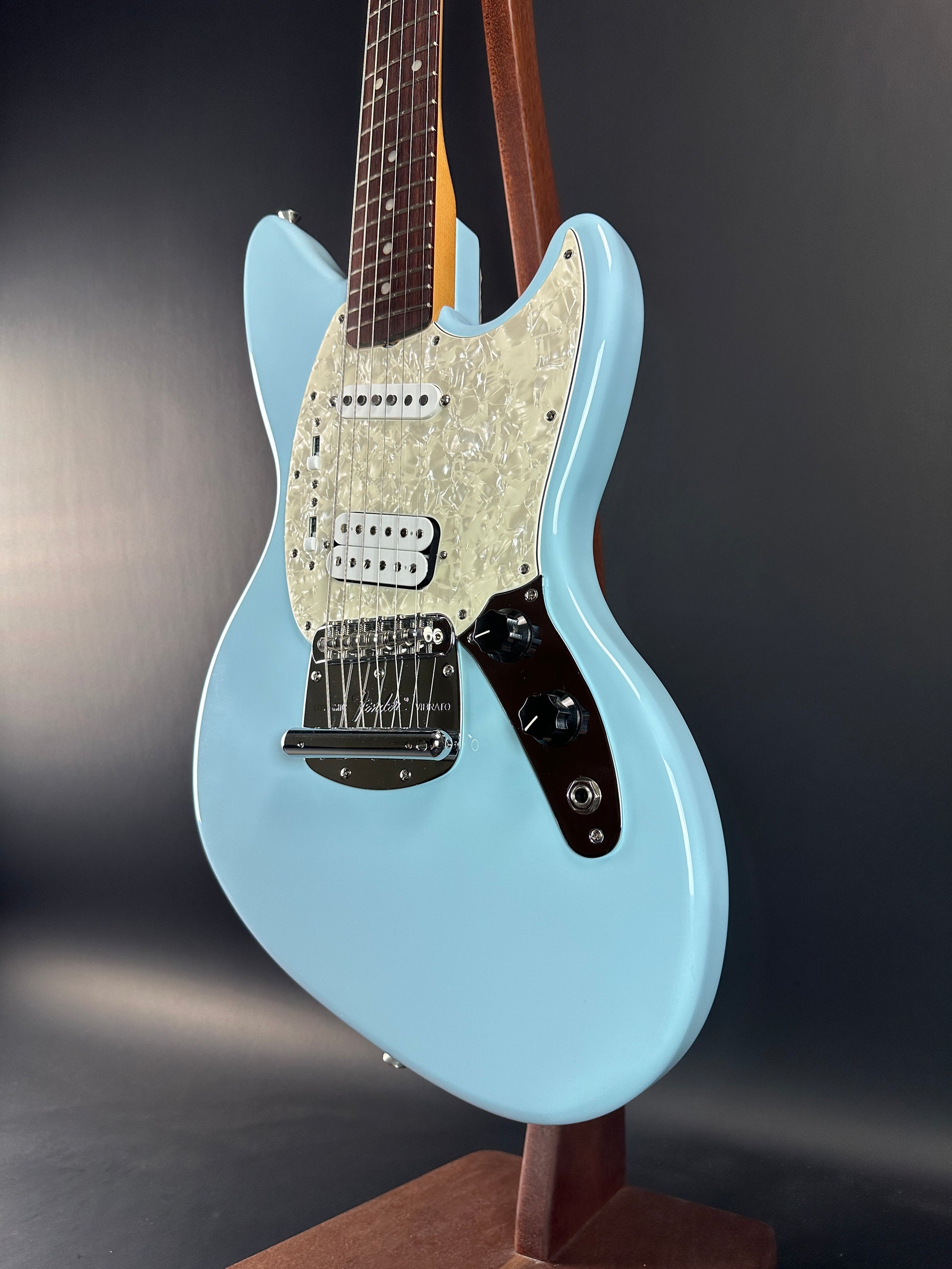 Front angle of Used Fender Kurt Cobain Jagstang RW Sonic Blue.