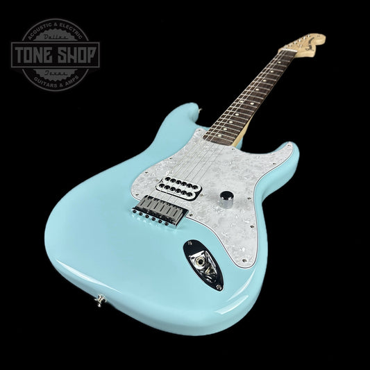 Front angle of Used 2023 Fender Tom Delonge Stratocaster Daphne Blue.