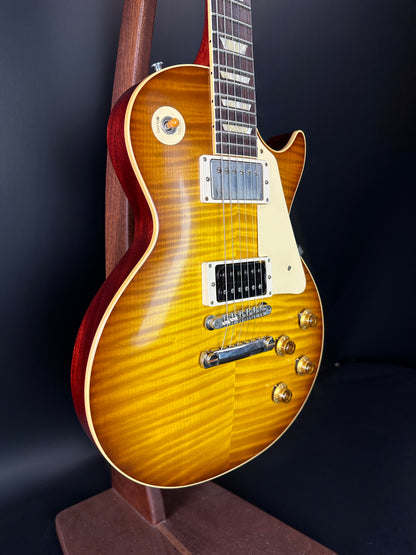 Front angle of Used Gibson Custom Shop M2M 1959 Les Paul Standard Reissue Chambered Golden Poppy Ultra Light Murphy Aged.