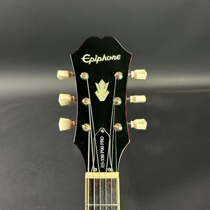 Front of headstock of Used Epiphone ES-339 Pro P90 Red.