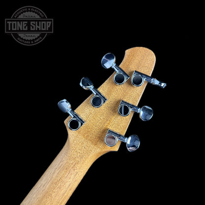 Back of headstock of Powers Electric A-Type Crayon Gray FF42 Pearl Ebony Neutral CamTail.