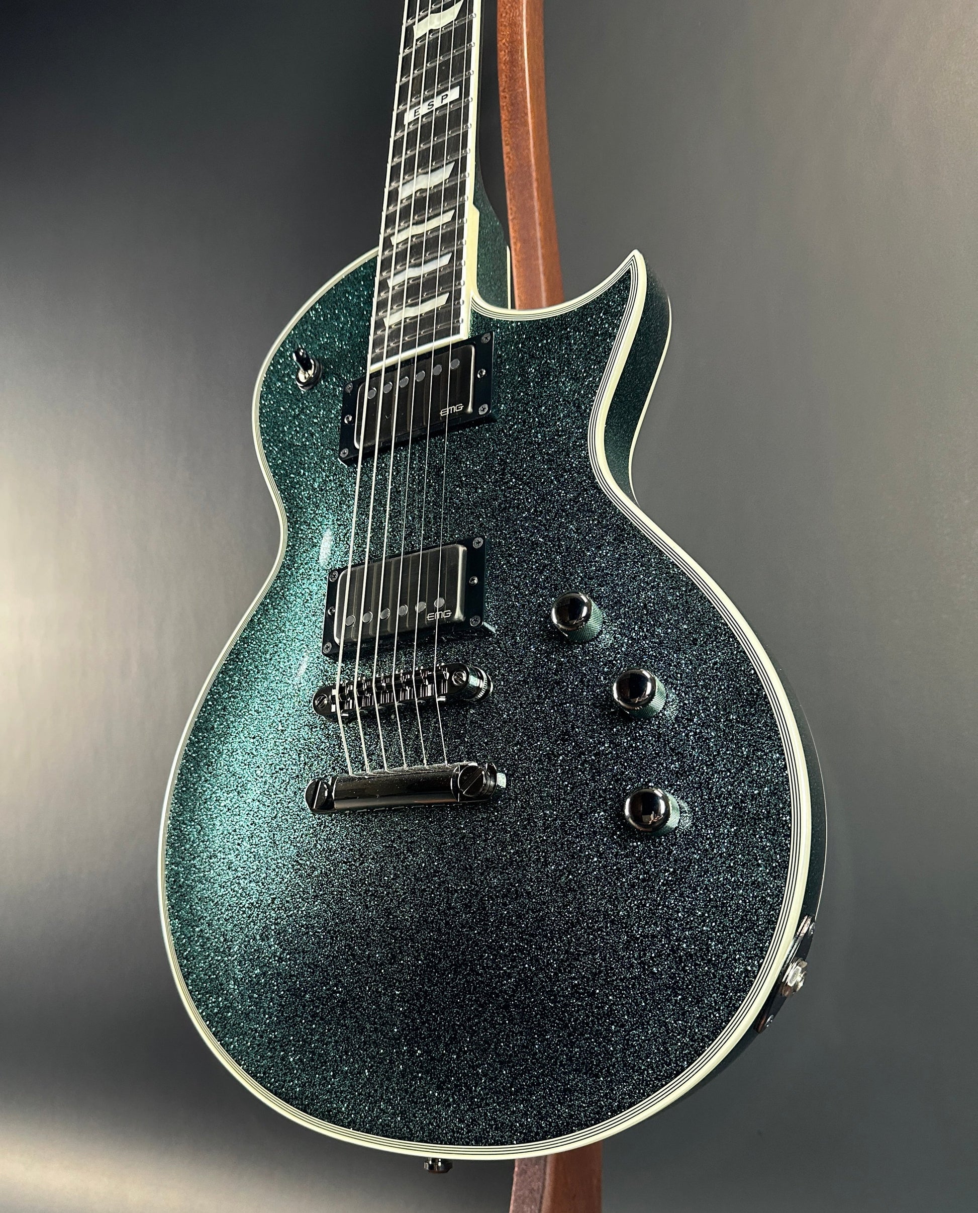 Front angle of Used ESP E-II Eclipse Granite Sparkle.