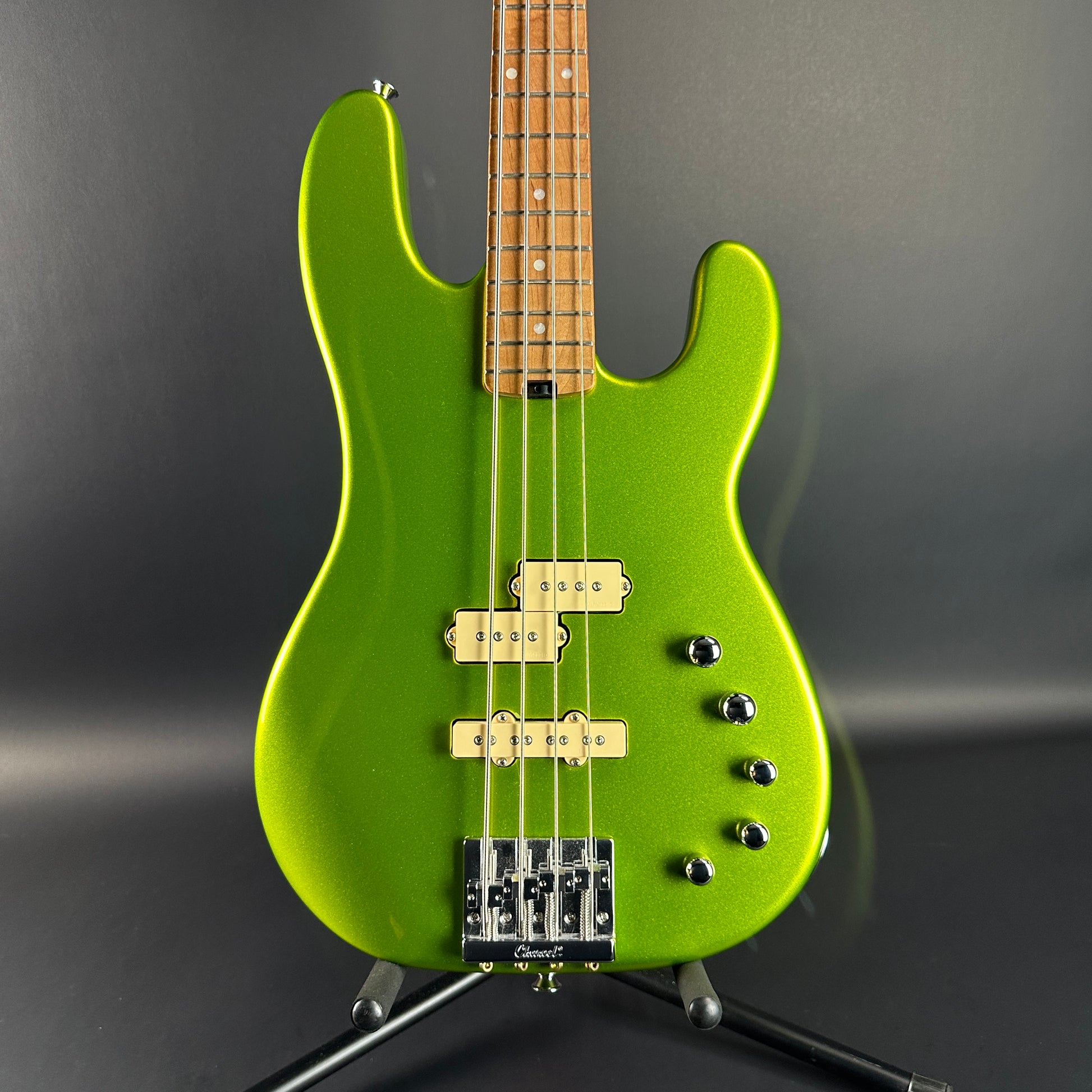 Front of Used Charvel San Dimas Bass PJ IV Green.