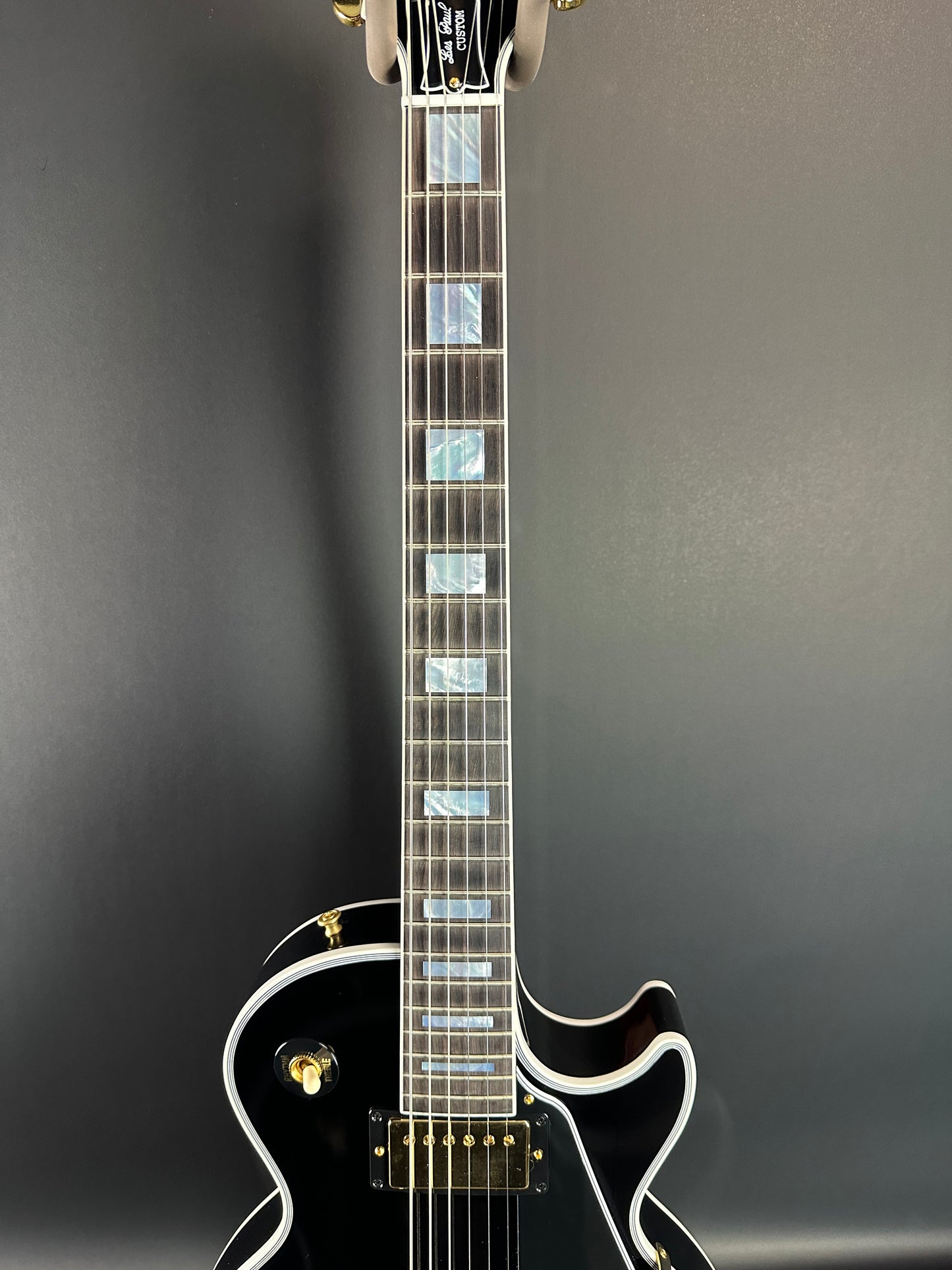 Fretboard of Used Gibson Custom Shop Les Paul Custom Ebony.