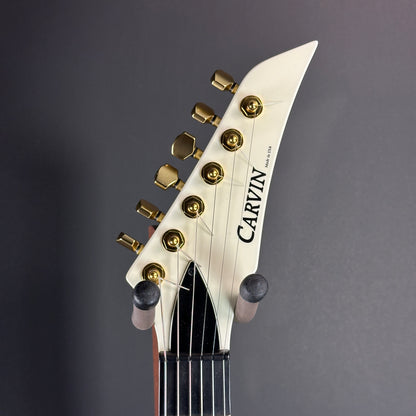 Front of headstock of Used Carvin Ultra Vee White.