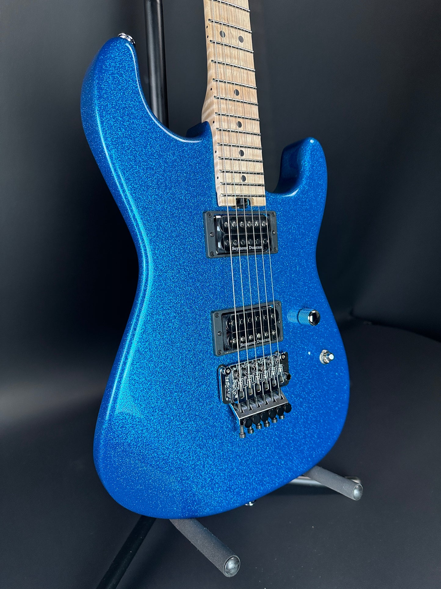 Front angle of Charvel Custom Shop San Dimas 2H FR Blue Sparkle.