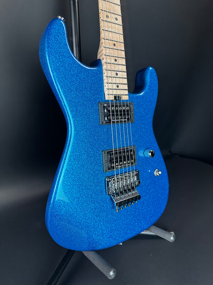 Front angle of Charvel Custom Shop San Dimas 2H FR Blue Sparkle.