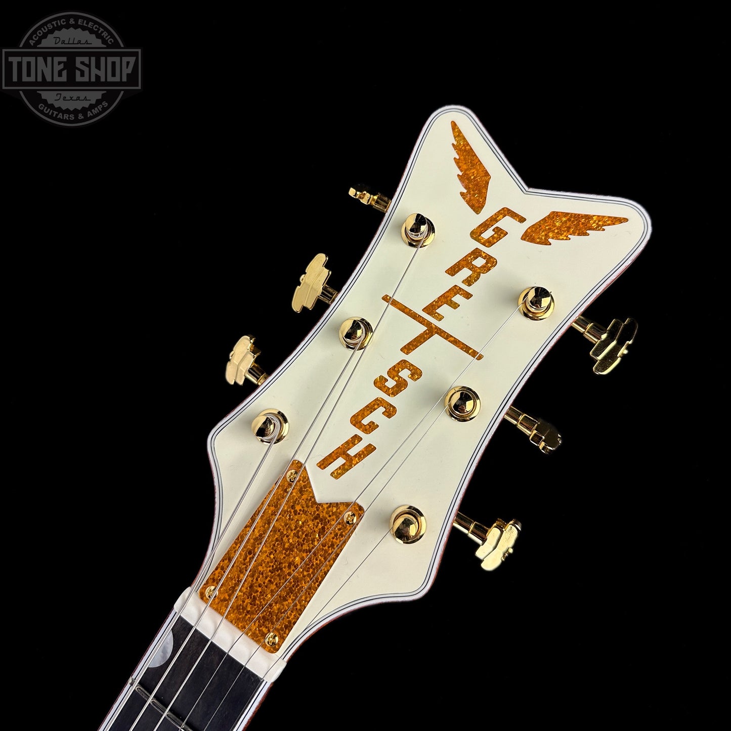 Front of headstock of Used Gretsch G6134T-58 Vintage Select Edition 58 Penguin Vintage White.