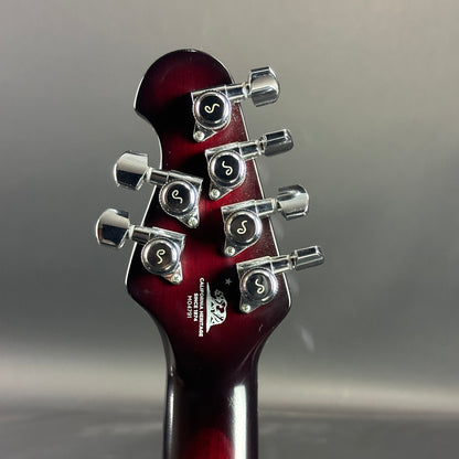 Back of headstock of Used Ernie Ball Petrucci Monarch Majesty Red.