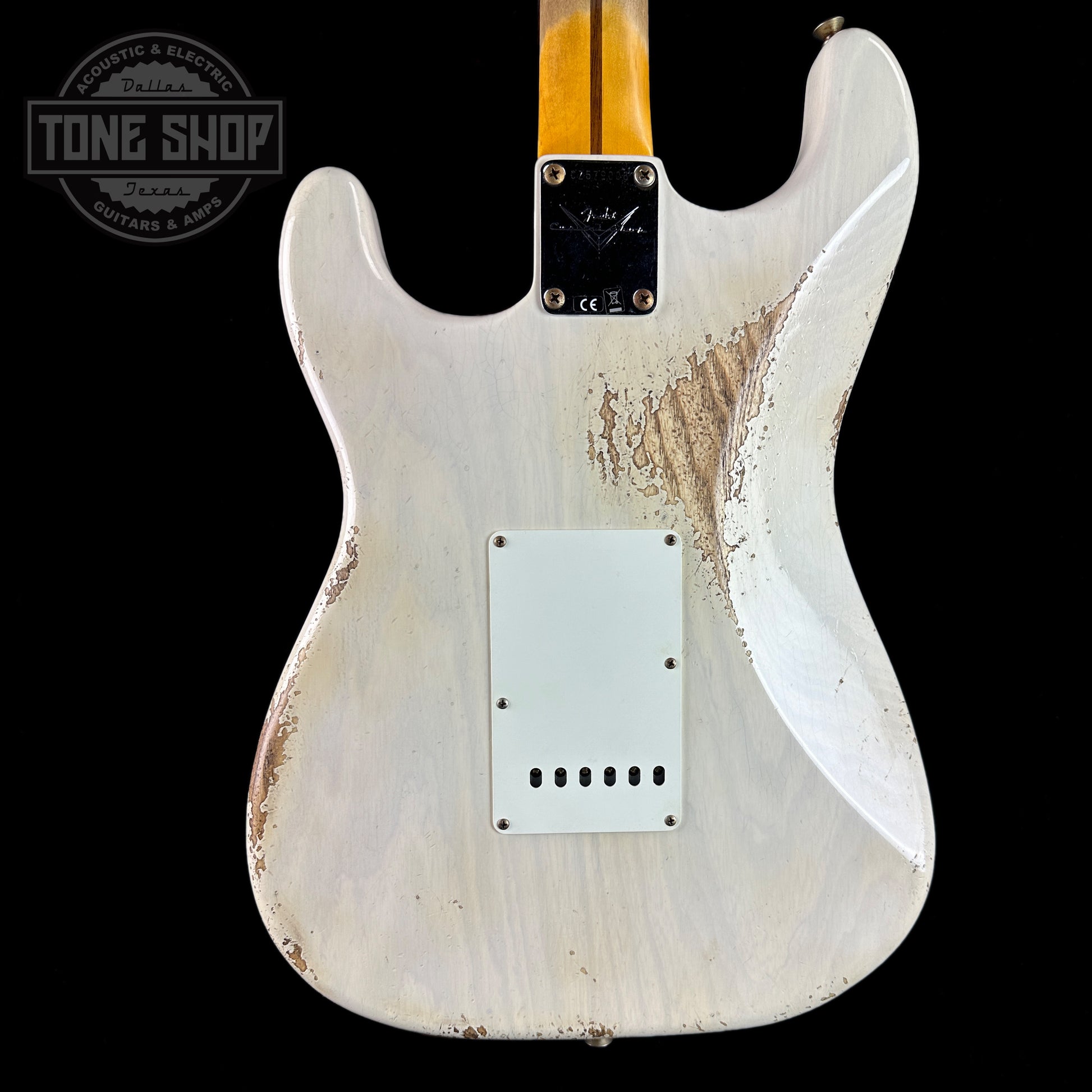 Back of Fender Custom Shop Time Machine '57 Strat Heavy Relic Aged White Blonde.