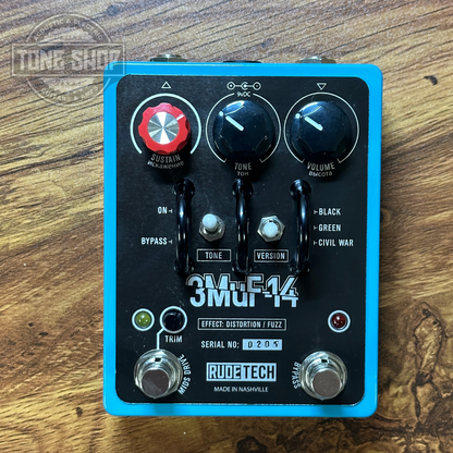 Front of Used Rude Tech 3MuF-14 Distortion/Fuzz.