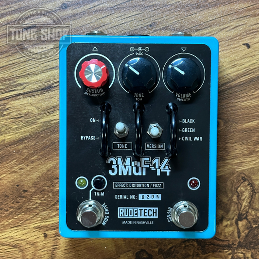 Front of Used Rude Tech 3MuF-14 Distortion/Fuzz.