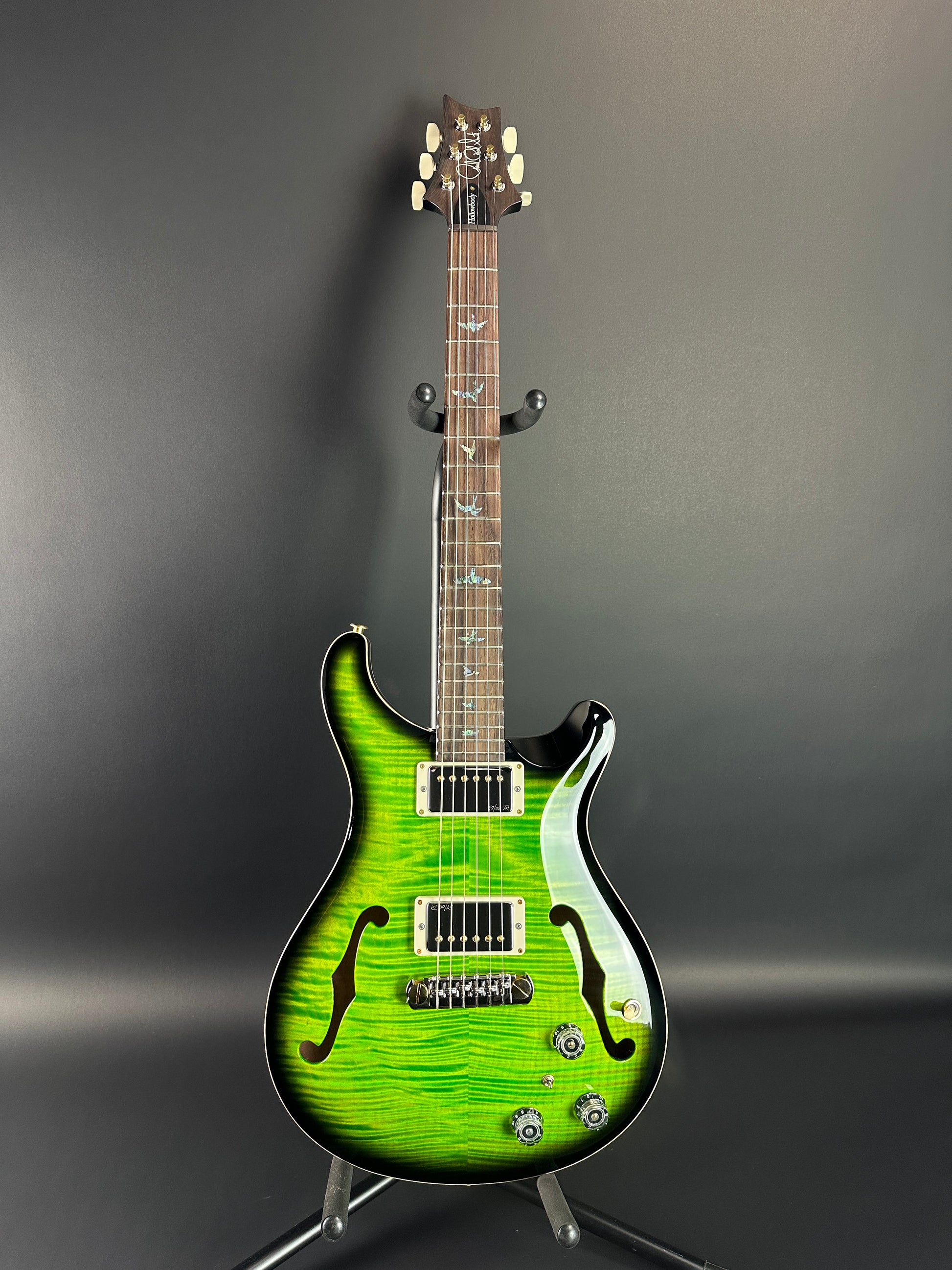 Full front of PRS Wood Library Hollowbody II Piezo 10-top Eriza Verde Smokeburst.