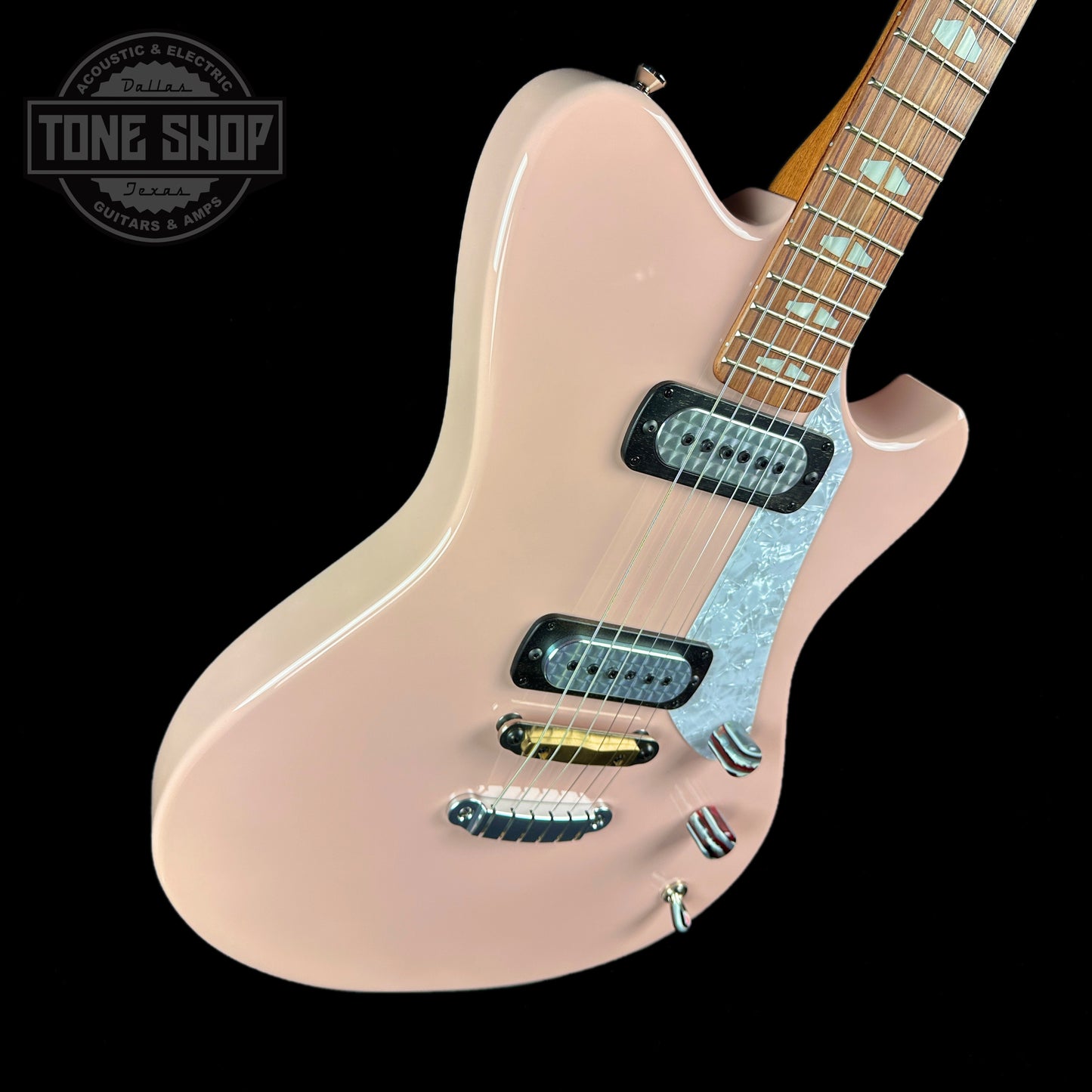 Front angle of Powers Electric A-Type Cochon PInk PF42 Pearl Brass Neutral Hard Tail.