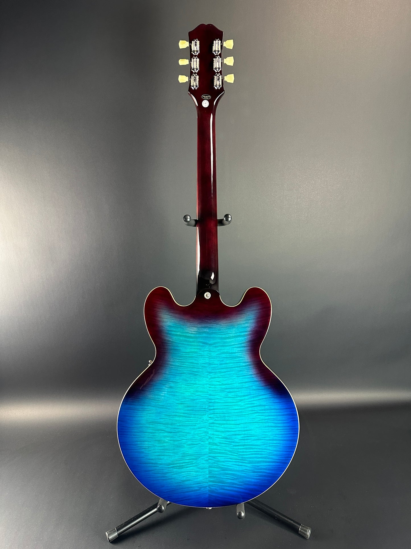 Full back of Used Epiphone ES-335 Figured Blueberry Burst.