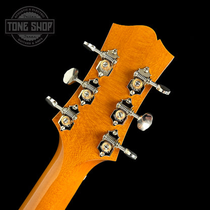 Back of headstock of Collings C10 Deep Body Western Sunburst Sitka/Bubble Maple.