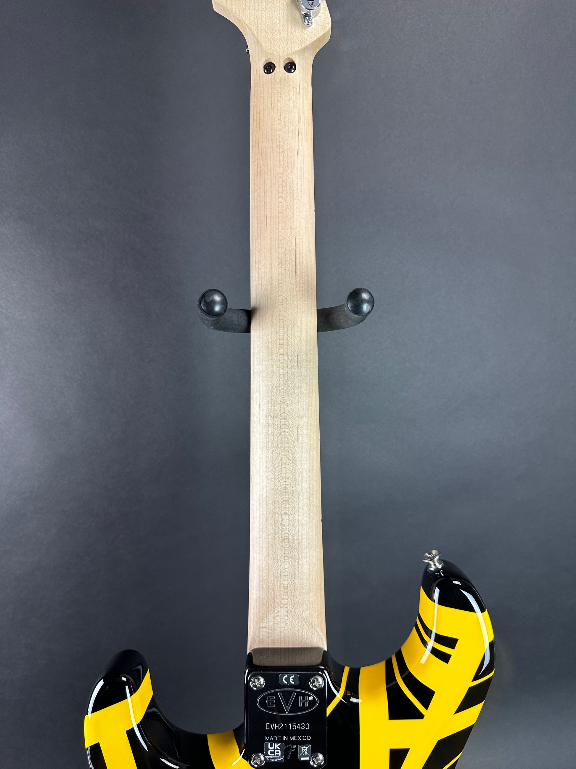 Back of neck of Used EVH Striped Series Black & Yellow.