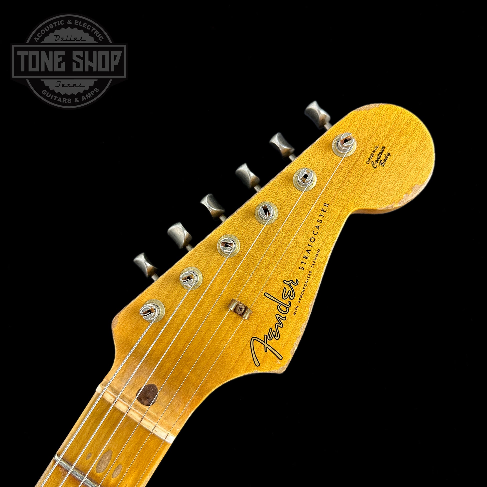 Front of headstock of Used 2020 Fender Custom Shop '56 Stratocaster Sonic Blue Over 3 Tone Sunburst.