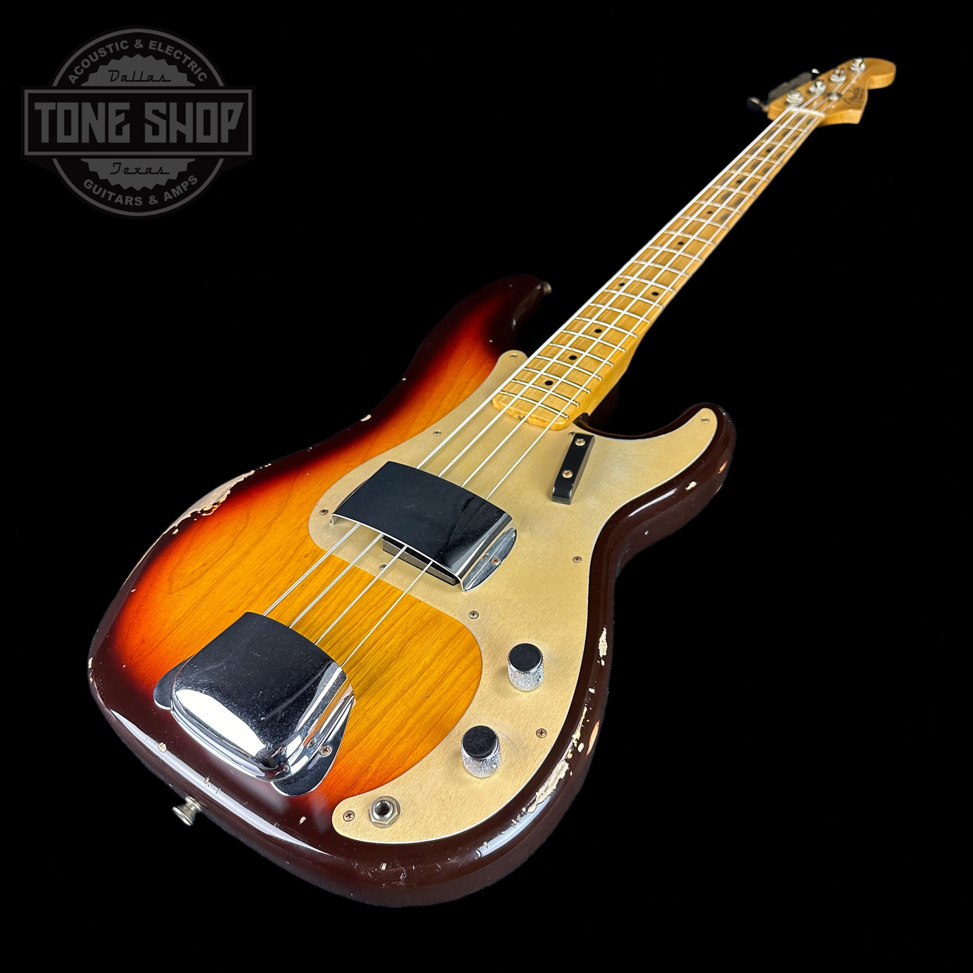 Front angle of Fender Custom Shop Time Machine '58 Precision Bass Relic Super Faded Aged Chocolate 3 Color Sunburst.