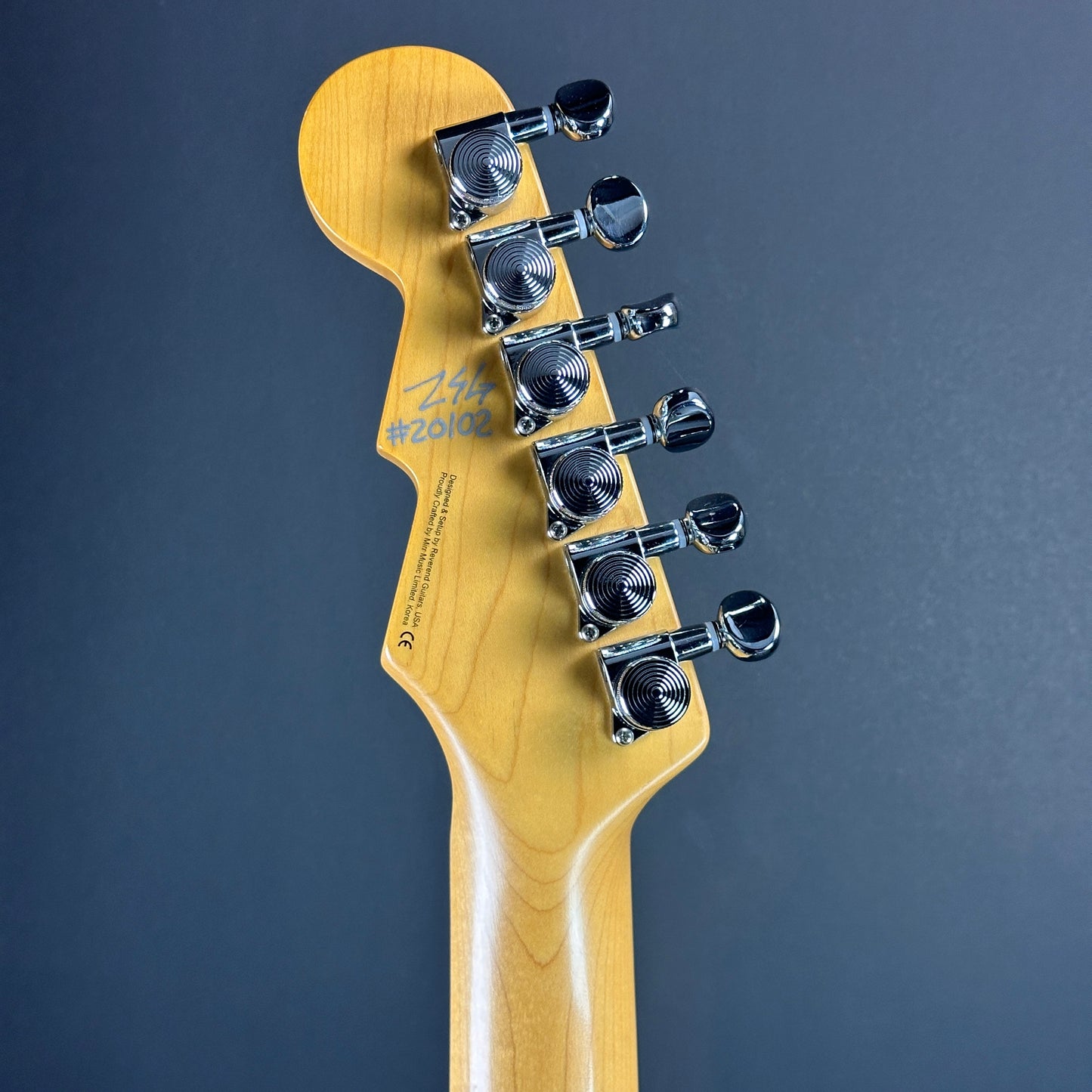 Back of headstock of Used Reverend Kingbolt RA Trans Blue.