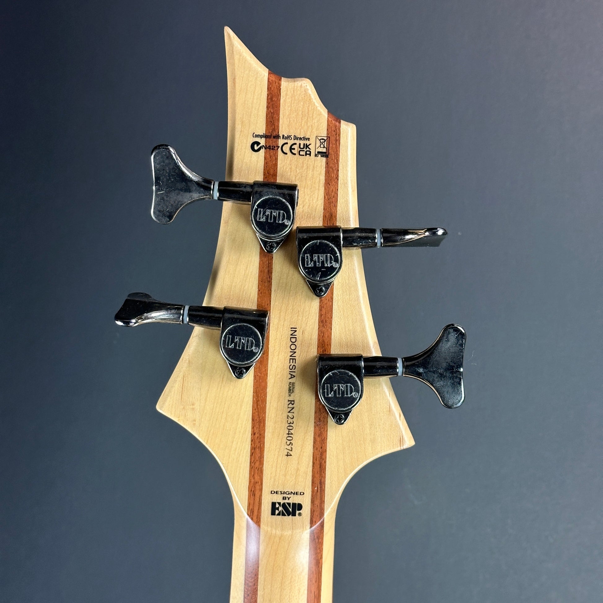 Back of headstock of Used ESP LTD B-204SM Bass.