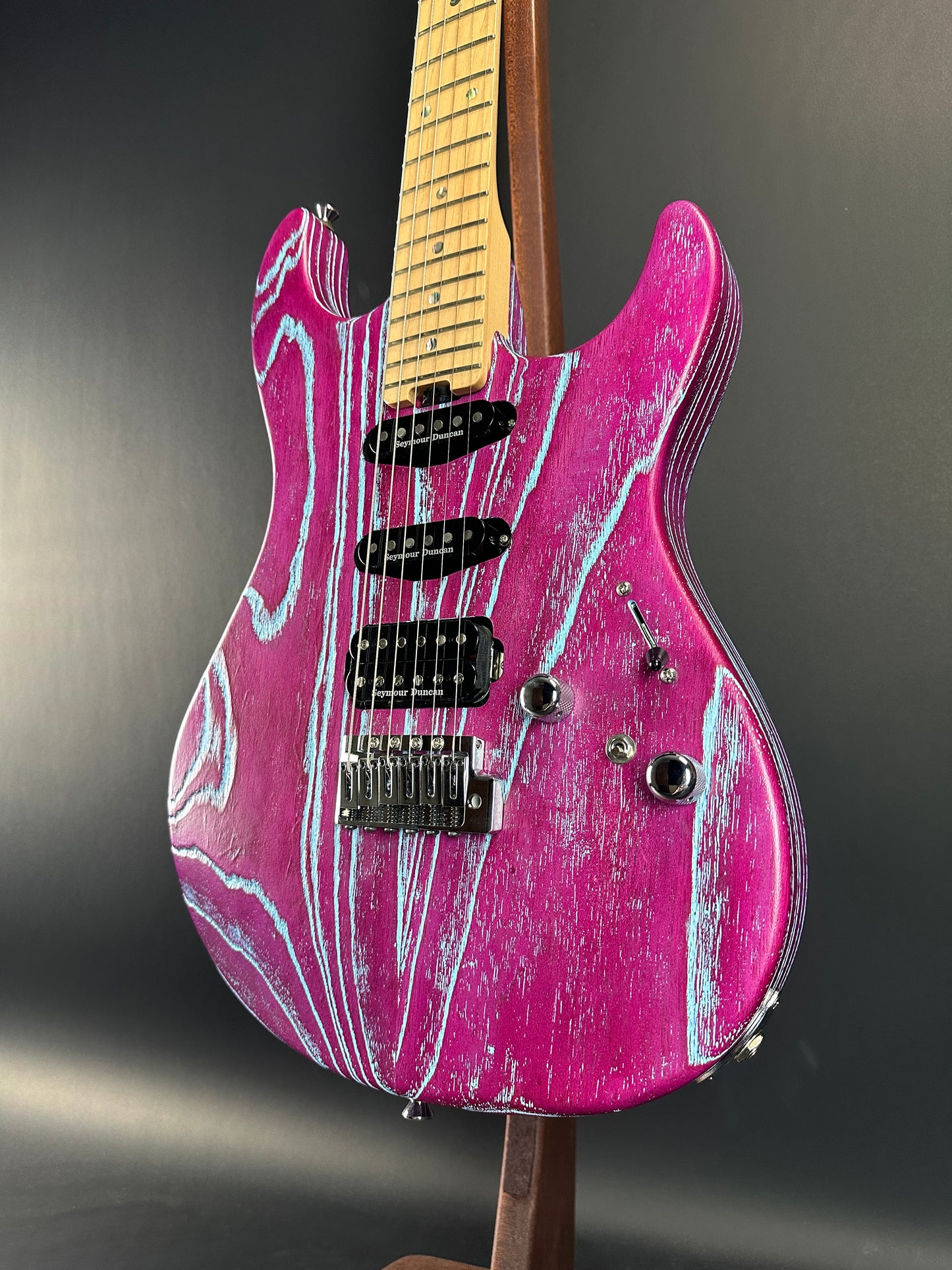 Front angle of Used ESP Custom Shop Snapper Drift Wood Indigo Purple.