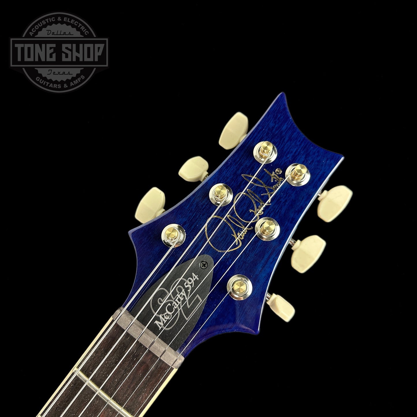 Front of headstock of PRS S2 McCarty 594 Singlecut Lake Blue.