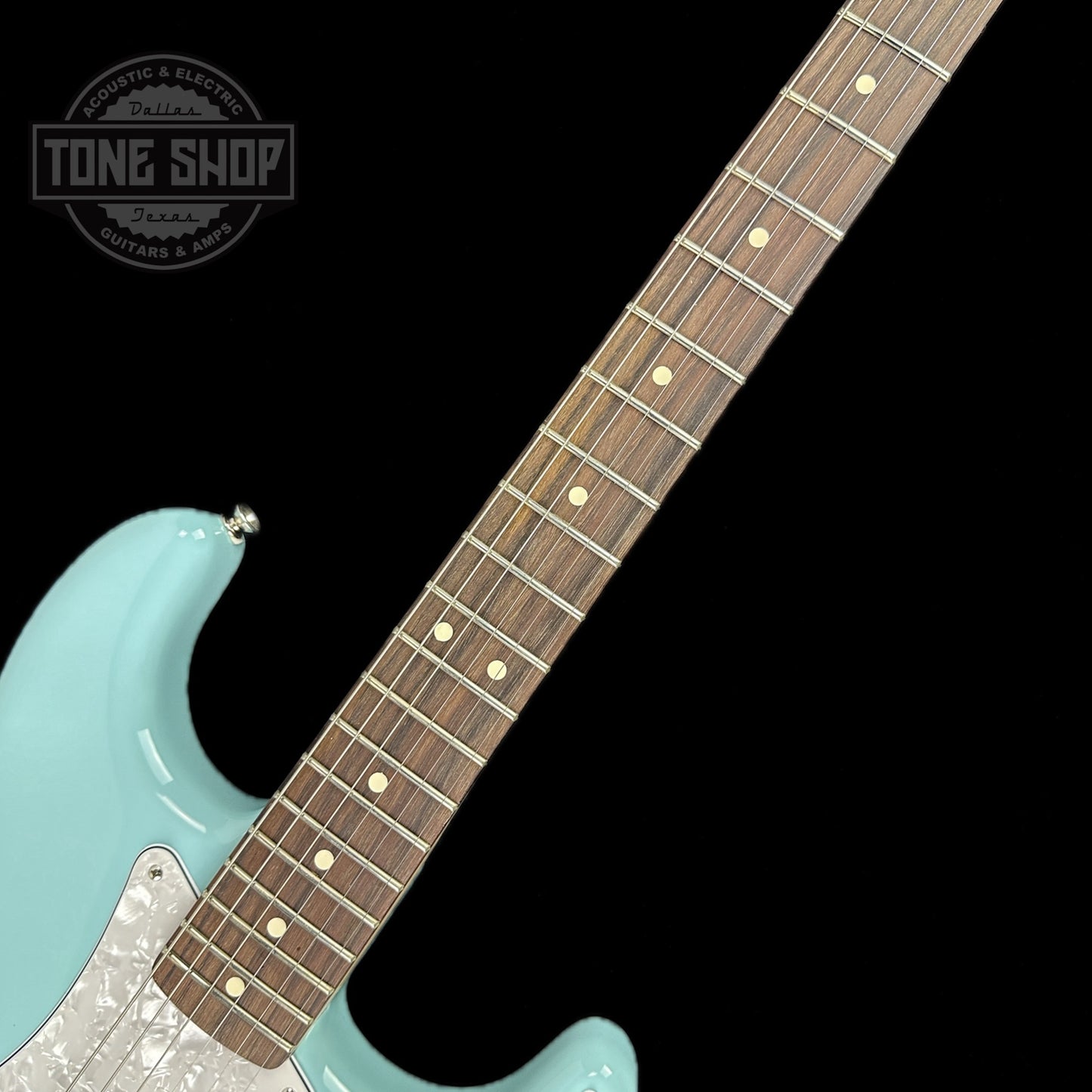 Fretboard of Used 2023 Fender Tom Delonge Stratocaster Daphne Blue.