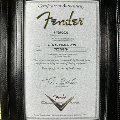 Certificate of authenticity for Fender Custom Shop Limited Edition '59 Precision Bass Journeyman Relic Chocolate 3 Color Sunburst.