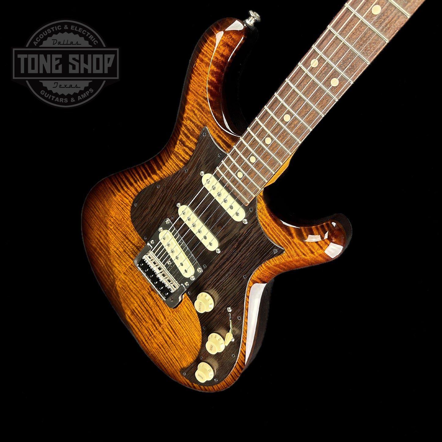 Front angle of Used Knaggs Severn Trem SSS Sunflower.