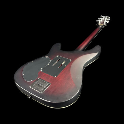 Back angle of Used Schecter C1 FR Platinum Sustainer Crimson Red Burst.