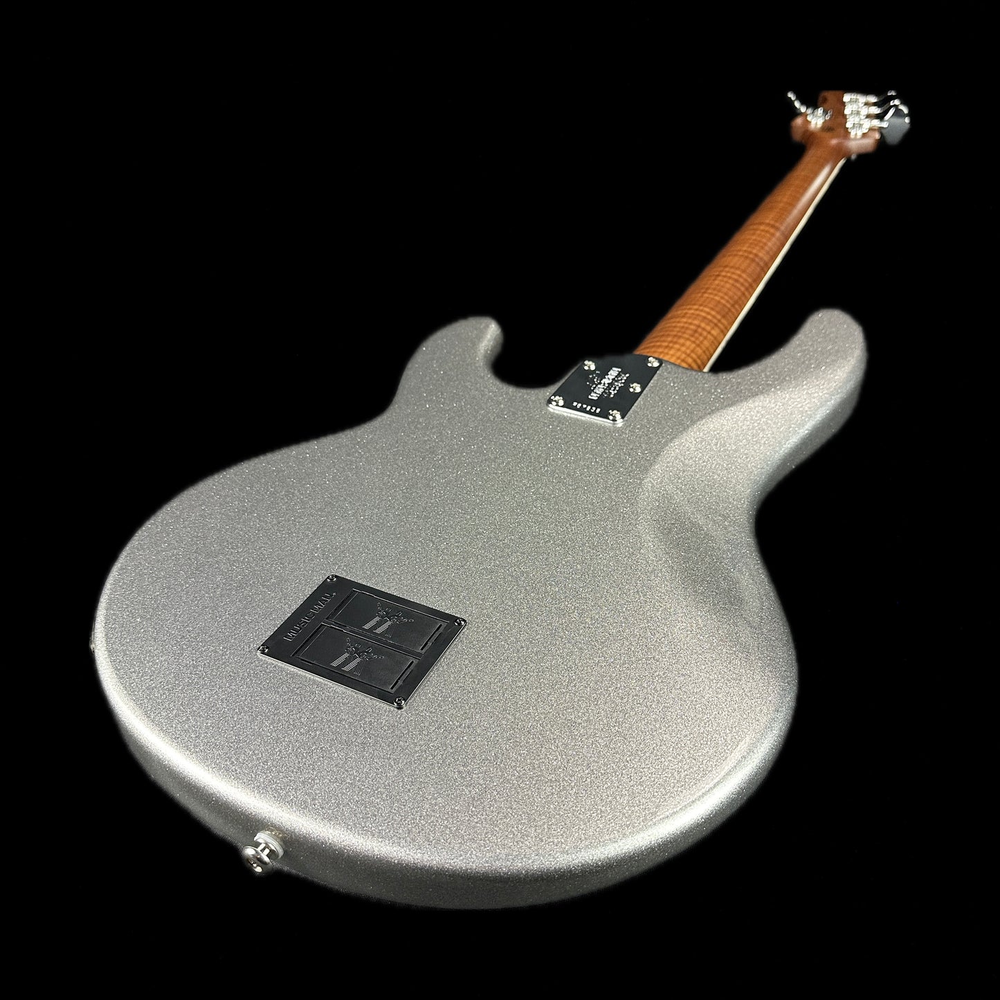 Back angle of Used Ernie Ball Musicman Stingray Ball Family Reserve Silver Sparkle.