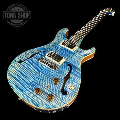 Front angle of PRS Wood Library Hollowbody II Piezo 10-top Faded Blue Jean.