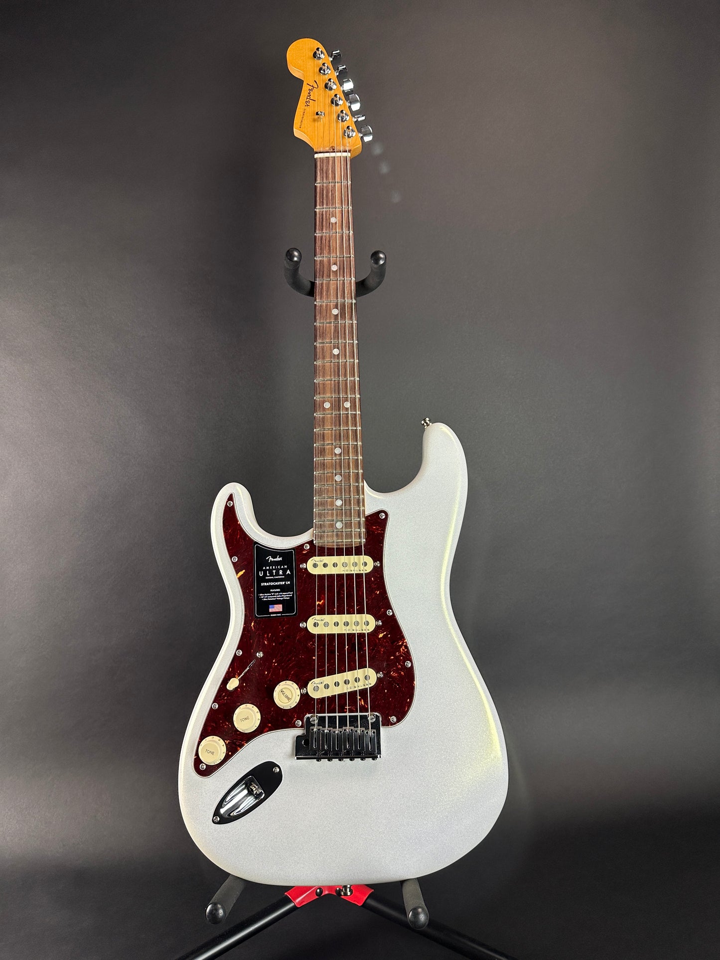 Full front of Used Fender American Ultra Stratocaster Left Hand Arctic Pearl.