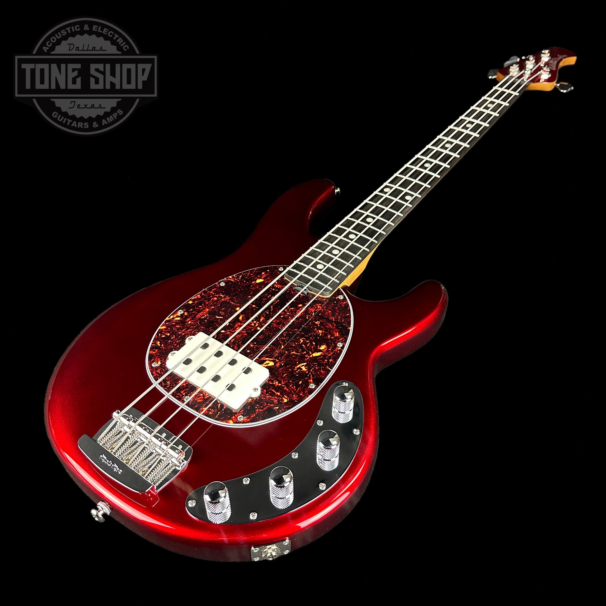 Front angle of Ernie Ball Music Man StingRay Special Bass Candyman Ebony Fingerboard.