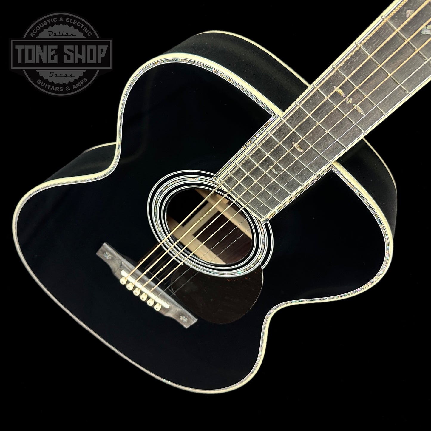 Front angle of Martin Custom Shop OM-42 Black.