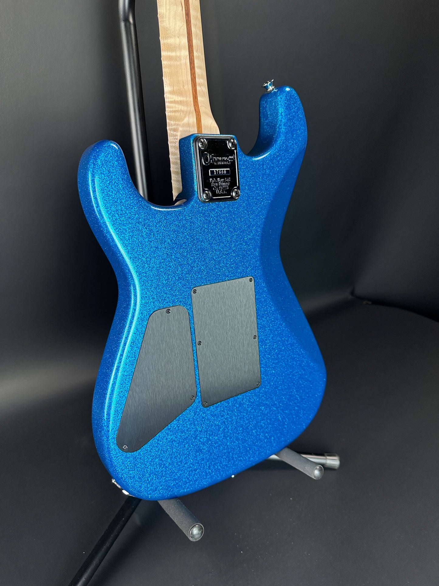 Back angle of Charvel Custom Shop San Dimas 2H FR Blue Sparkle.