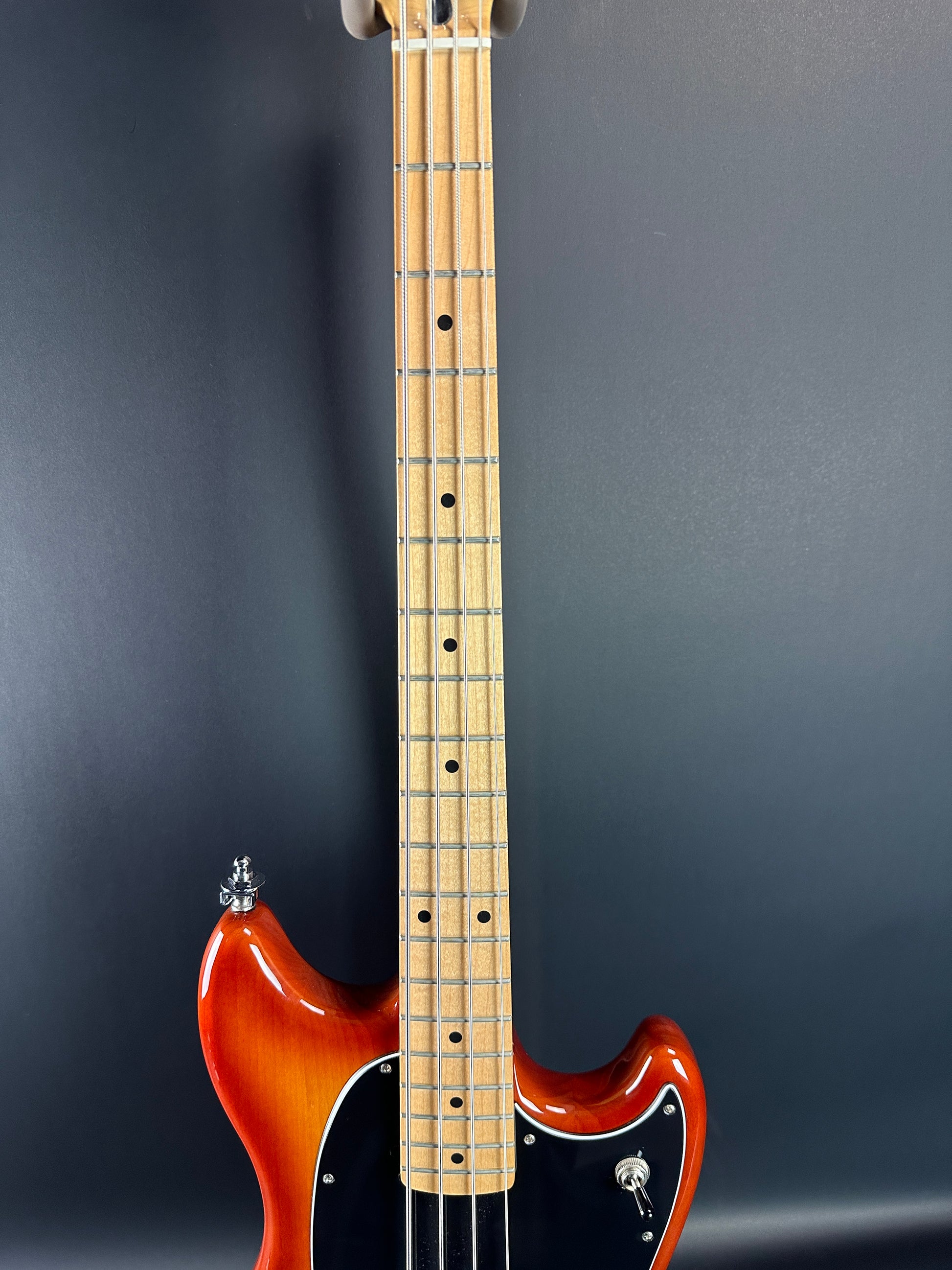 Fretboard of Used Fender Player Mustang Bass PJ Sienna Sunburst.