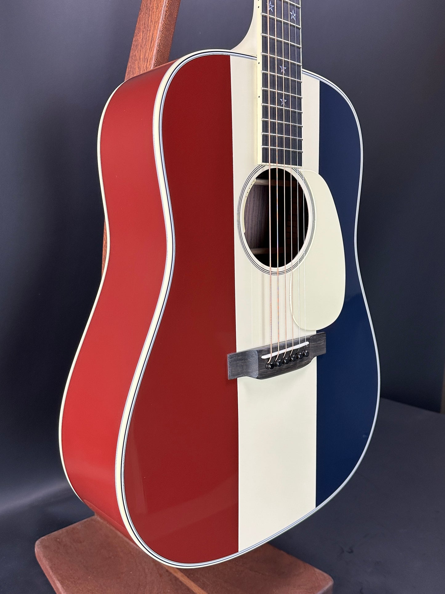 Front angle of Used Martin Custom Shop D-28 Red/White/Blue Adirondack/EIR.