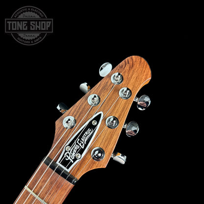 Front of headstock of Powers Electric A-Type Select Maple Sweet Tea Orange PF42 Pearl Ebony Warm.