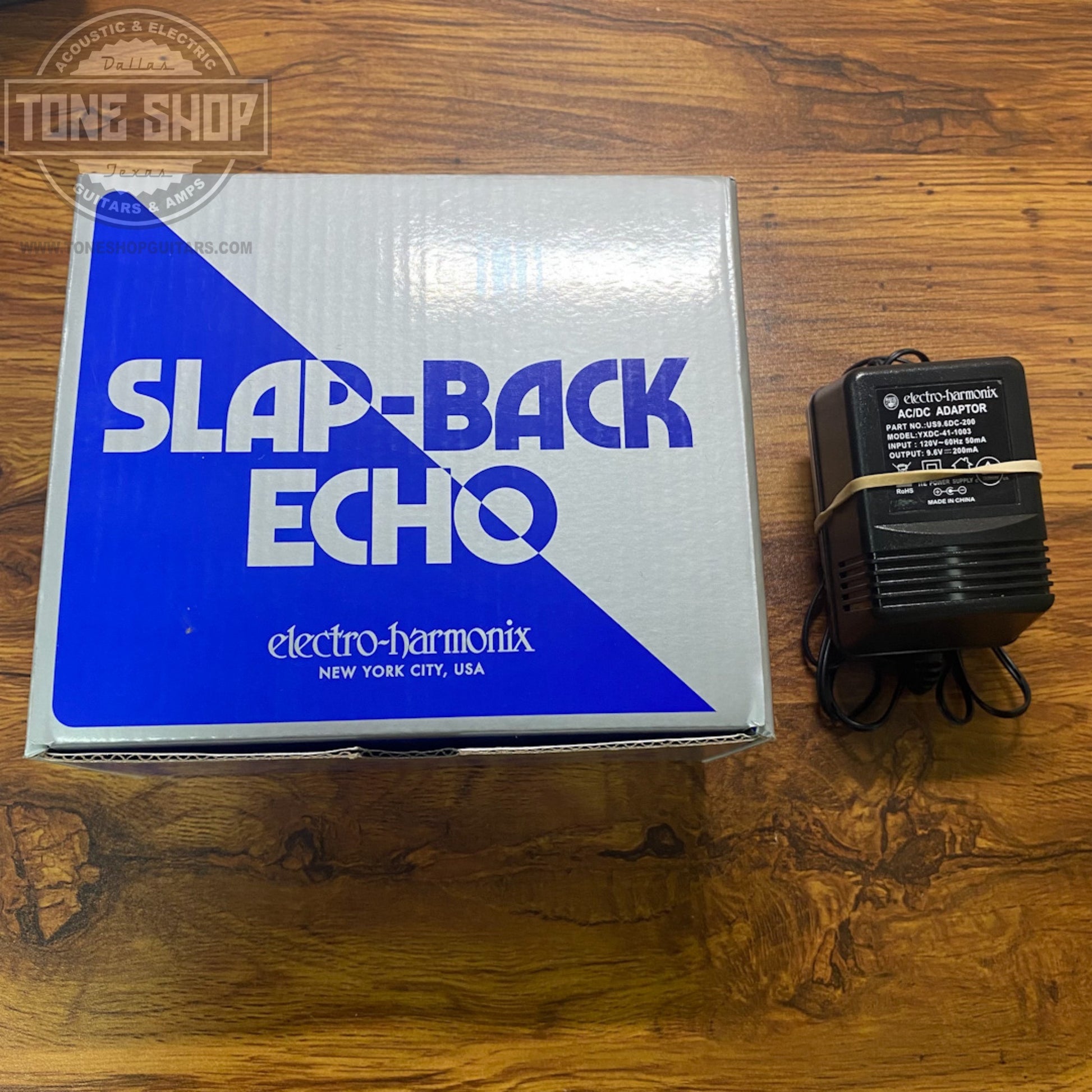 Box and adaptor for Used Electro-Harmonix Slap-Back Echo.