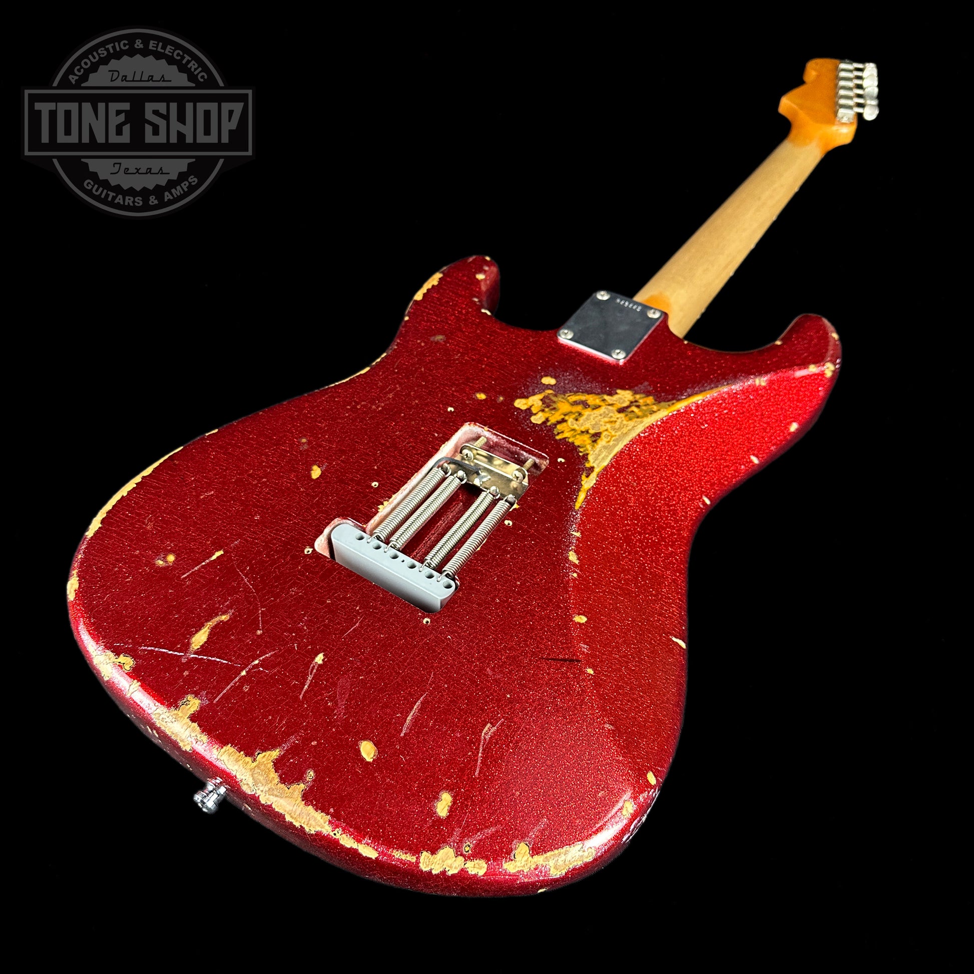 Back angle of Used Fender Custom Shop Jason Smith Masterbuilt Strat 60s Relic Red Sparkle.